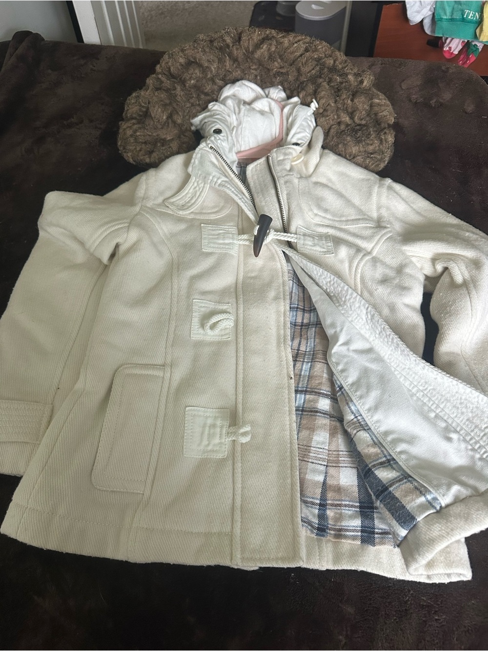 Persona Cream Hooded Pea Coat with Faux Fur Trim